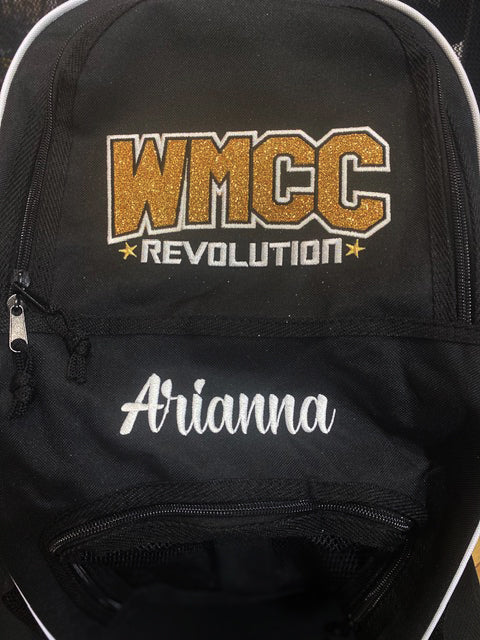 WMCC Black High 5 Backpack w/ WMCC Logo in Gold GLITTER Applique Embroidery on Front.