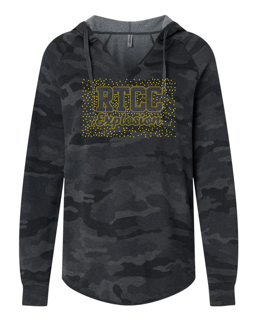 RTCC - ITC Women’s Lightweight Black Camo California Wave Wash Hooded Sweatshirt - PRM2500 w/ 2 Color SPANGLE Design on Front