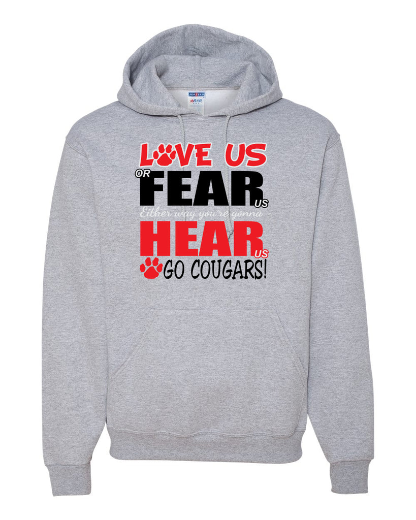 Hazleton Area Cougars - Sport Gray JERZEES - NuBlend® Hooded Sweatshirt - 996MR w/ LOVE US Design on Front.