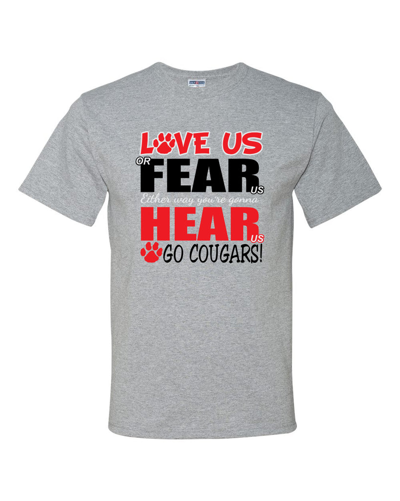 Hazleton Area Cougars - Sport Gray JERZEES - Dri-Power® 50/50 T-Shirt - 29MR w/ LOVE US Design on Front.