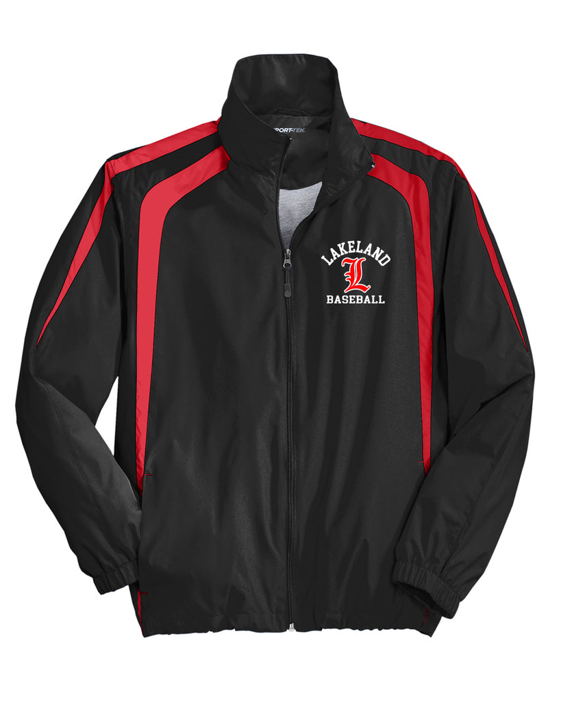 Lakeland Baseball Black & Red Sport-Tek® Colorblock Raglan Jacket JST60 w/ Lakeland Arc Design Embroidered on Left Chest