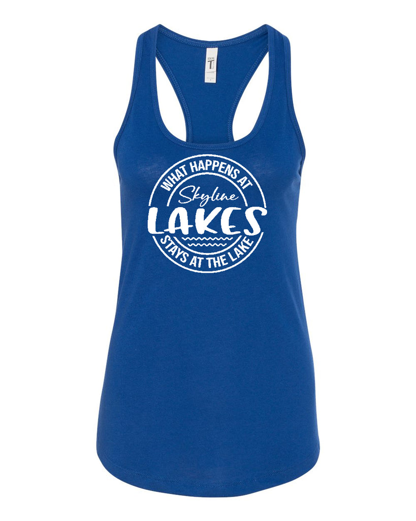 Skyline Lakes Next Level - Women's Ideal Racerback Tank - 1533 w/ What Happens Design on Front.