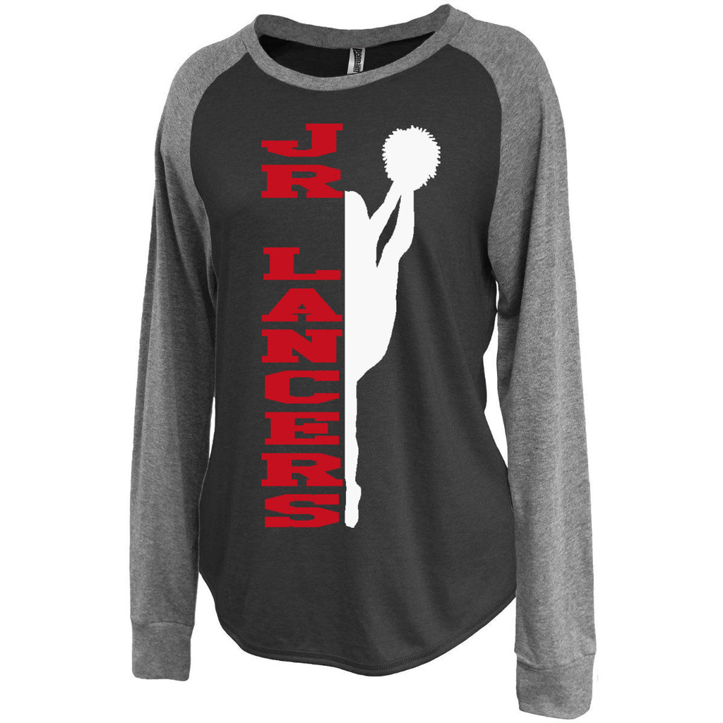Jr Lancers Competition Cheer Black Jersey Raglan Crewneck Shirt w/ 2 color Cheerleader Design on Front.