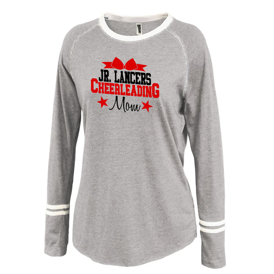Jr Lancers Competition Cheer Gray Ringer Stripe Crew Shirt w/ 2 color MOM Design on Front.