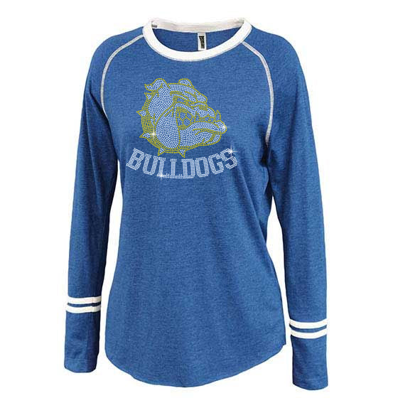 Bulldogs Royal Ringer Stripe Crew Shirt w/ Bulldogs SPANGLE Design on Front.