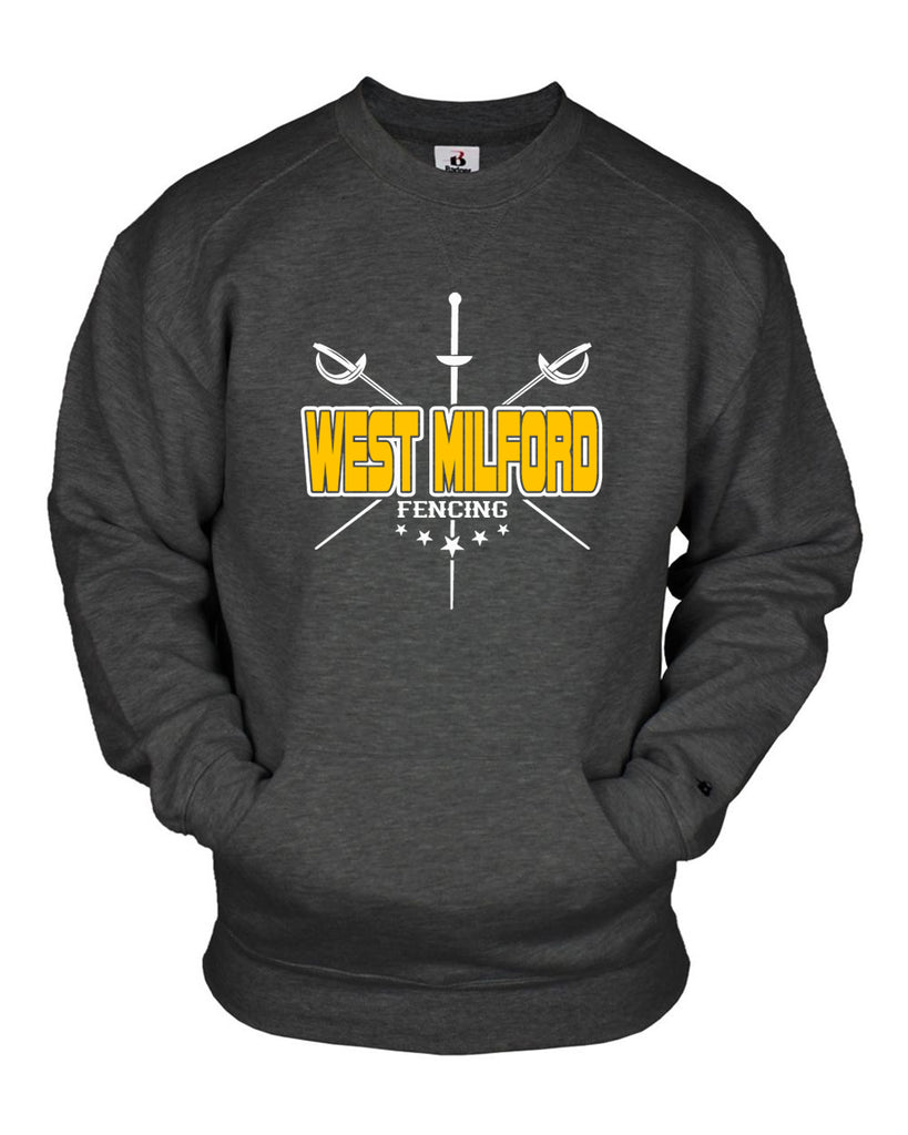 West Milford Fencing Badger 1252 Pocket Swetashirt w/ Large WM Crossed Swords Design on Front.