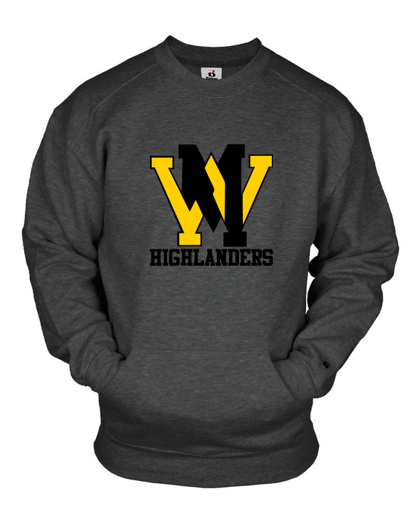 West Milford Highlanders Badger 1252 Pocket Swetashirt w/ Large WM Logo on Front.