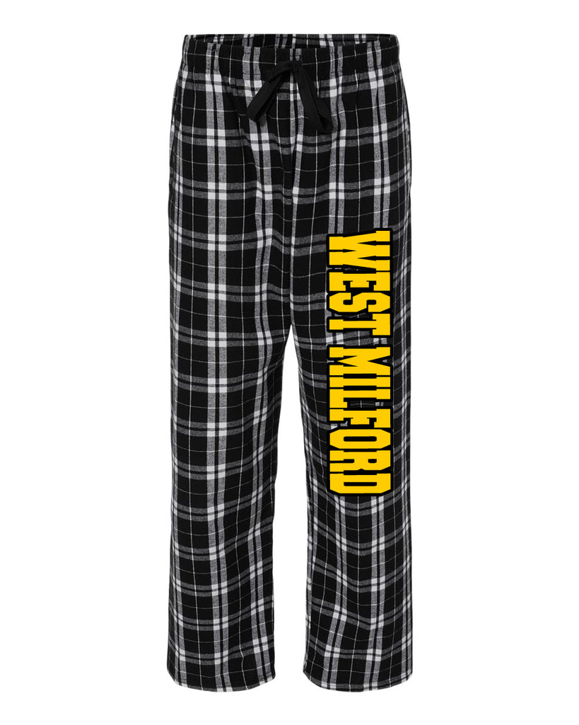 West Milford Highlanders Black & White Flannel PJ Style Pants w/ Black & Athletic Gold Print down Leg.