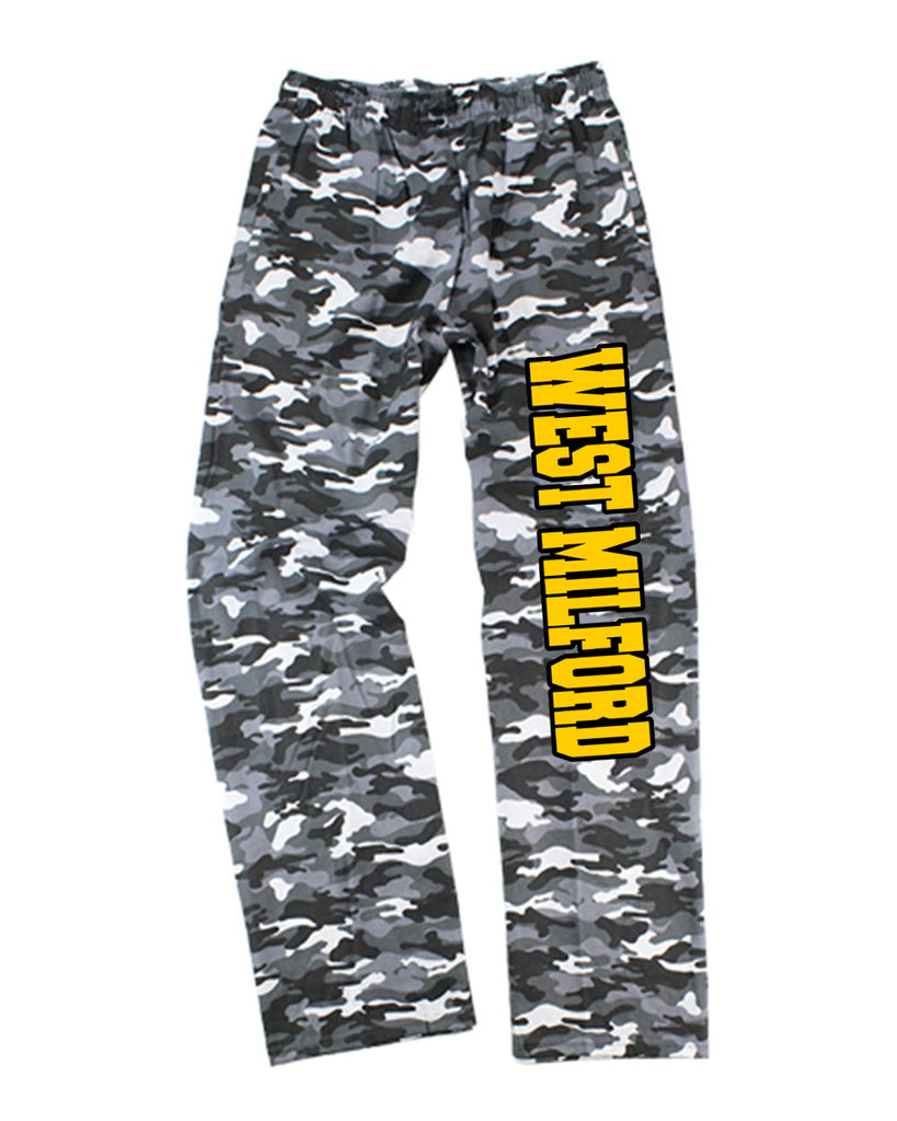 West Milford Highlanders Black & White Camo Flannel PJ Style Pants w/ Black & Athletic Gold Print down Leg.