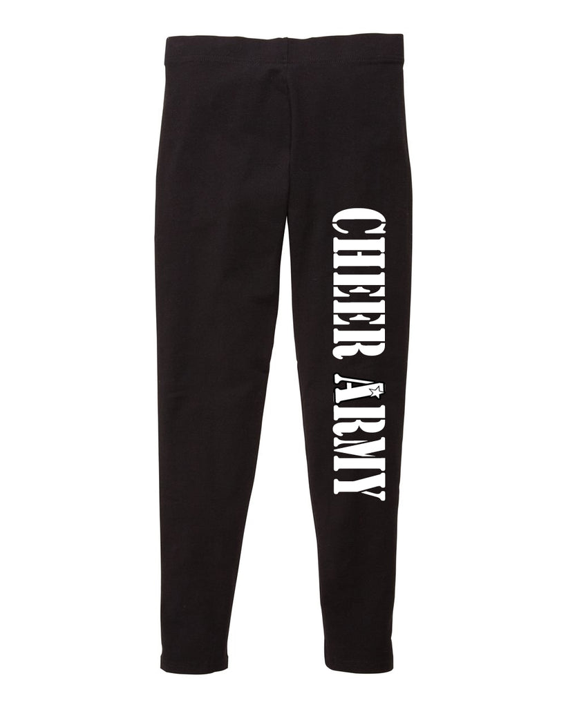 Cheer Army Black Leggings w/ CHEER ARMY Design Down Front of Left Leg.