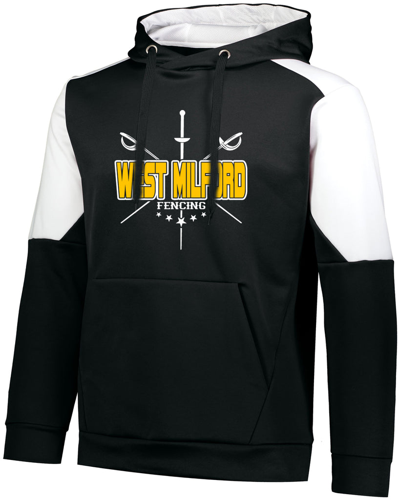 West Milford Fencing AS Blue Chip Hoodie w/ Large WM Cross Swords Design on Front.