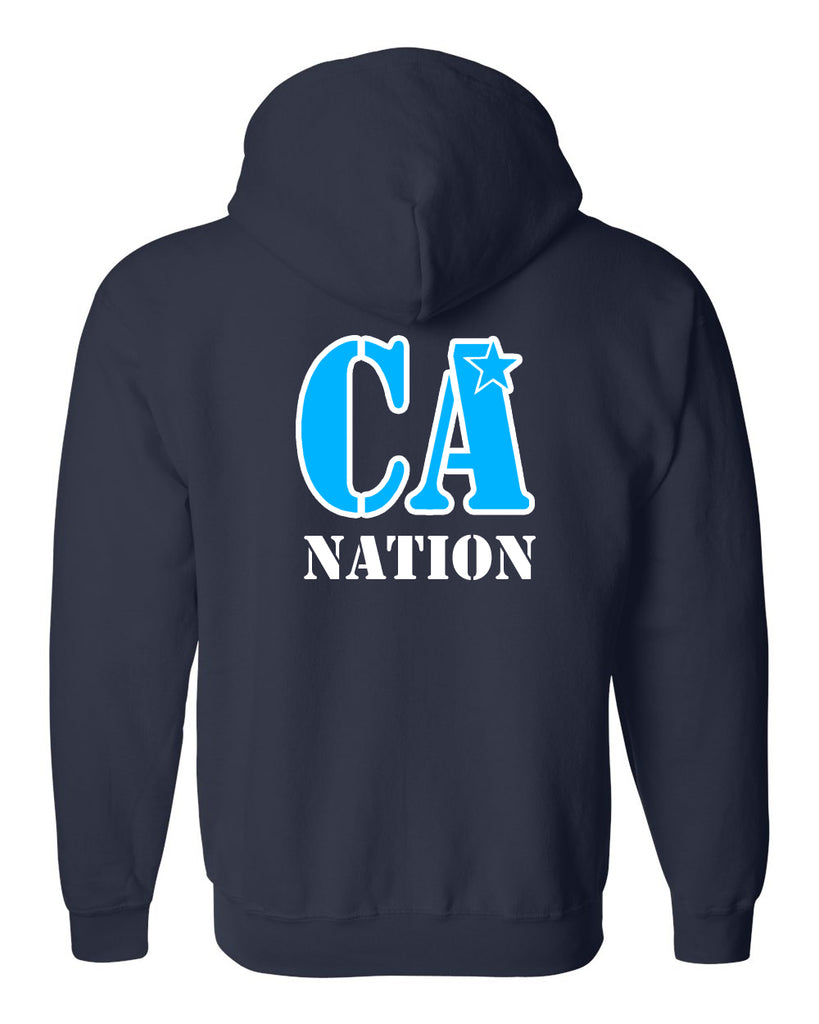 Cheer Army NAVY Full Zip Heavy Blend Hoodie w/ CA Nation on Back in White and Glitter Columbia Blue.