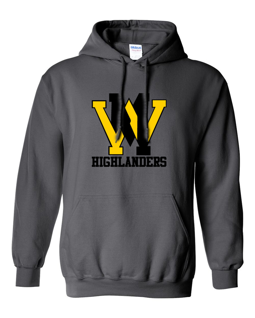 West Milford Highlanders Charcoal Hoodie w/ Large WM Logo on Front.