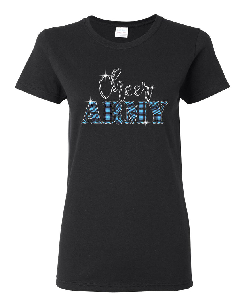 Cheer Army Black Short Sleeve Tee w/ Spangle Script Stencil Design on Front.