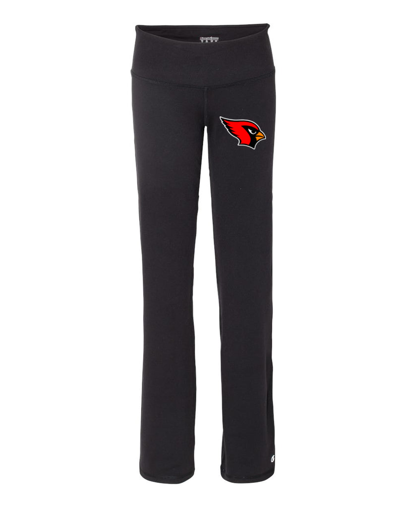 Westwood Cardinals Black Champion Ladies Yoga Pants B920 w/ Cardinal Head Logo on Front Left Hip.