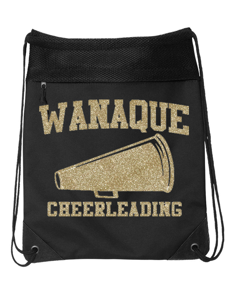 WANAQUE CHEER Black Coast to Coast Drawstring Backpack - 2562 w/ Gold GLITTER Megaphone Design on Front.