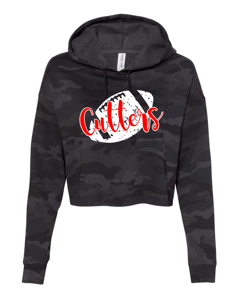 FLFA Black Camo Women’s Lightweight Cropped Hooded Sweatshirt - AFX64CRP w/ Cutters DS Football Design on Front