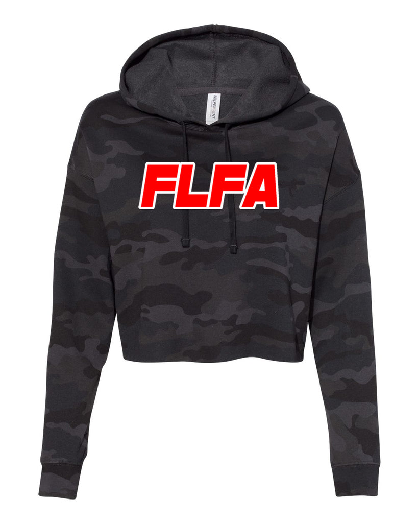FLFA Black Camo Women’s Lightweight Cropped Hooded Sweatshirt - AFX64CRP w/ FLFA (text) Logo on Front