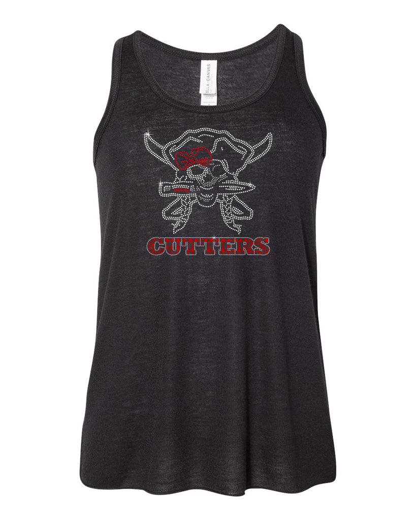 FLFA Black BC Flowy Racerback Tank - 8800Y w/ FLFA Cutters CHEER Logo in SPANGLE on Front