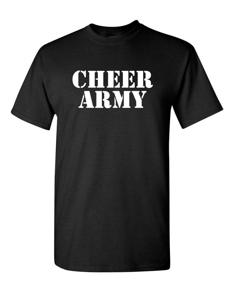 Cheer Army Black Short Sleeve Tee w/ White CHEER ARMY Stencil Logo on Front.