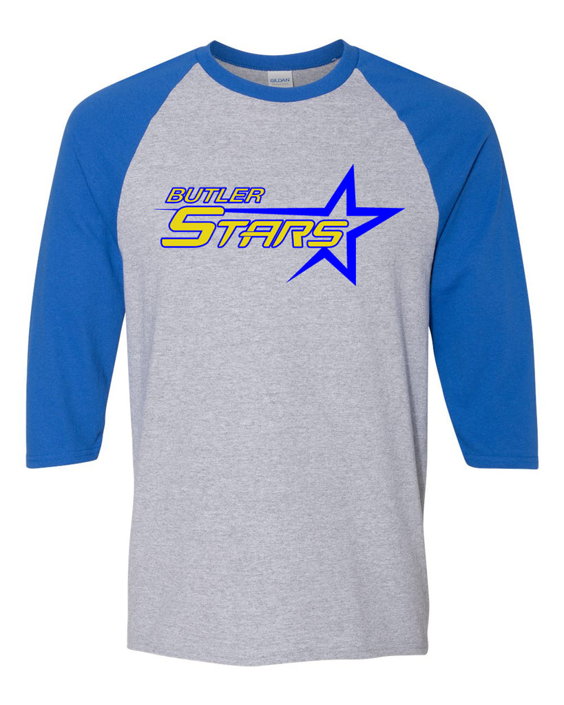 Butler Stars Gray/Royal Raglan Tee w/ Butler Stars Logo on Front.