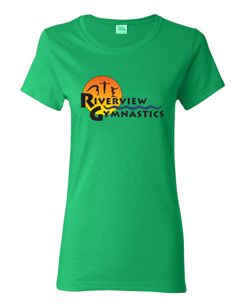 riverview gymnastics white short sleeve t-shirt w/ full color sun design on front.