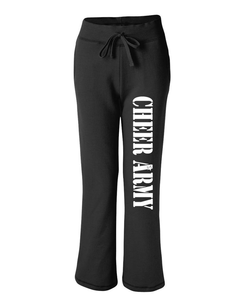 Cheer Army Black Open Bottom Sweat Pants w/ Stencil Design V1 in White Down Left Leg.