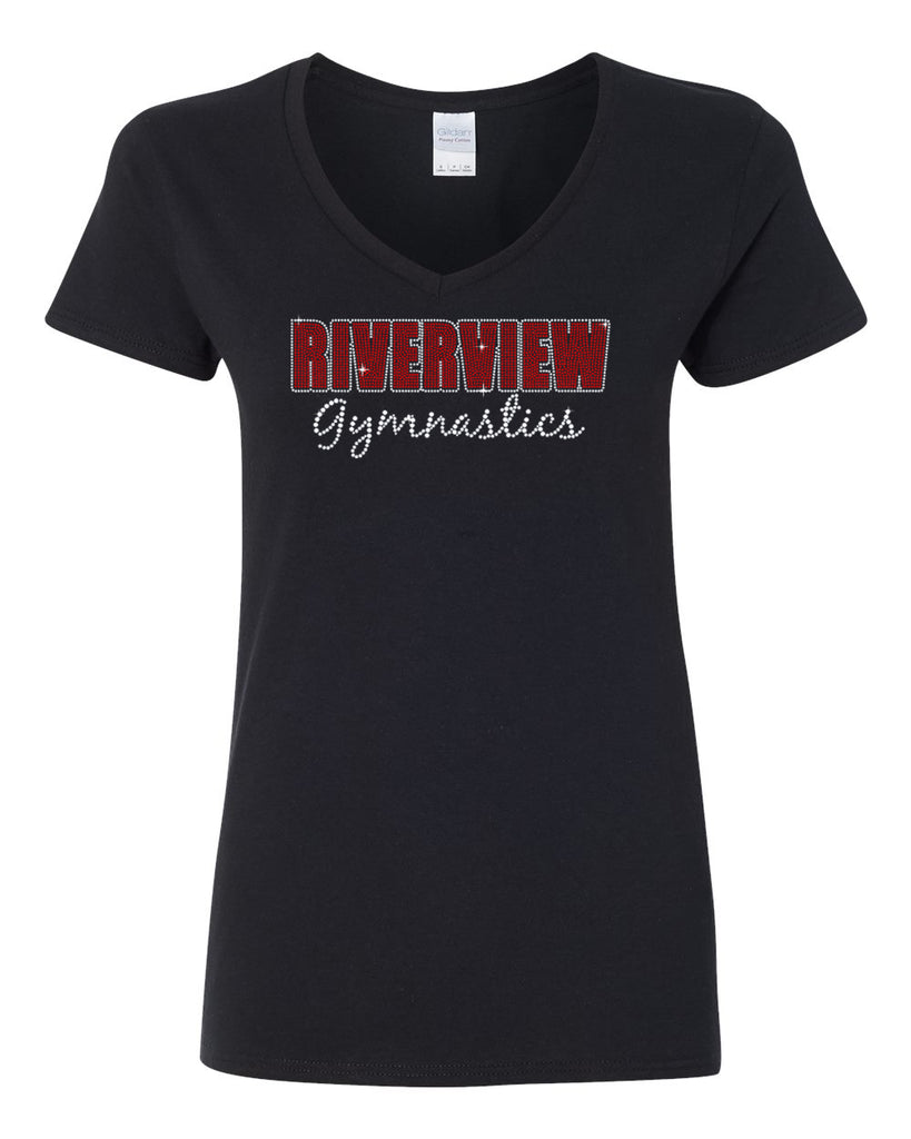 Riverview Gymnastics Heavy Cotton Women's V-Neck T-Shirt w/ 2 Color SPANGLE Design on Front.
