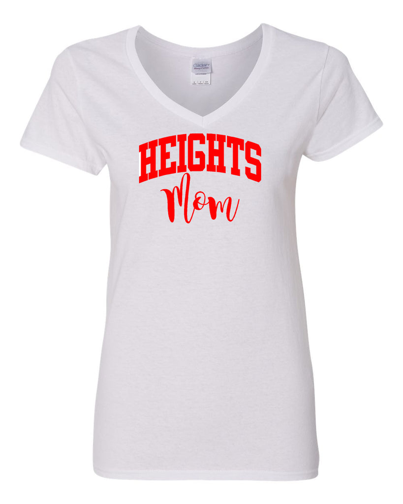 Heights White Short Sleeve Tee w/ HEIGHTS Mom Design in Red on Front.