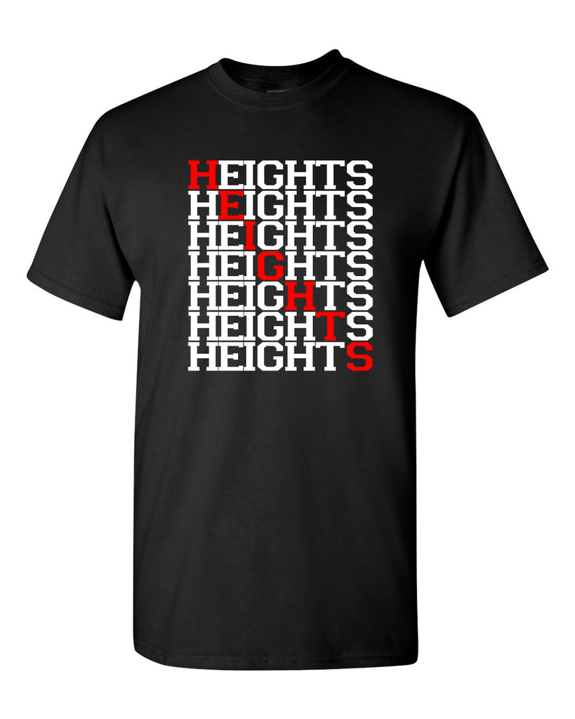 Heights Black Short Sleeve Tee w/ Heights Crossword Design in Red & White on Front.