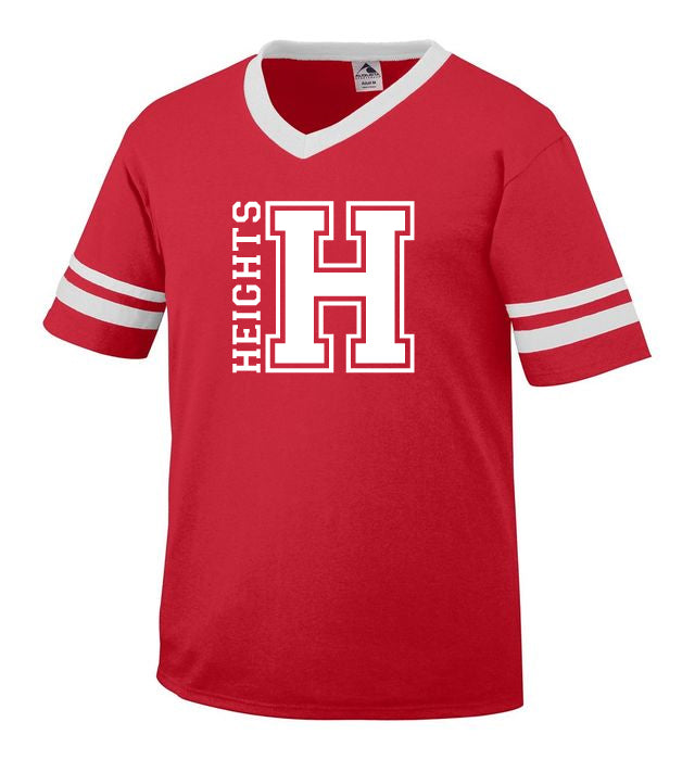 Heights Red Stripe Jersey Short Sleeve Tee w/ Heights OG Design on Front.