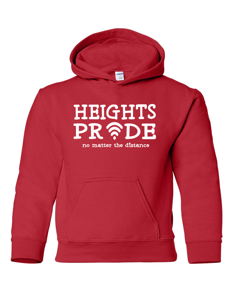 Heights Red Hoodie w/ Heights Pride Design in White on Front.