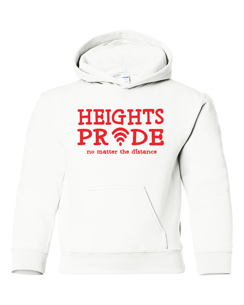 Heights White Hoodie w/ Heights Pride Design in Red on Front.