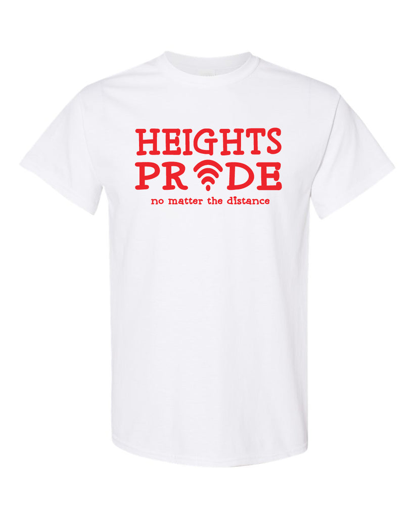 Heights White Short Sleeve Tee w/ Heights Pride Design in Red on Front.