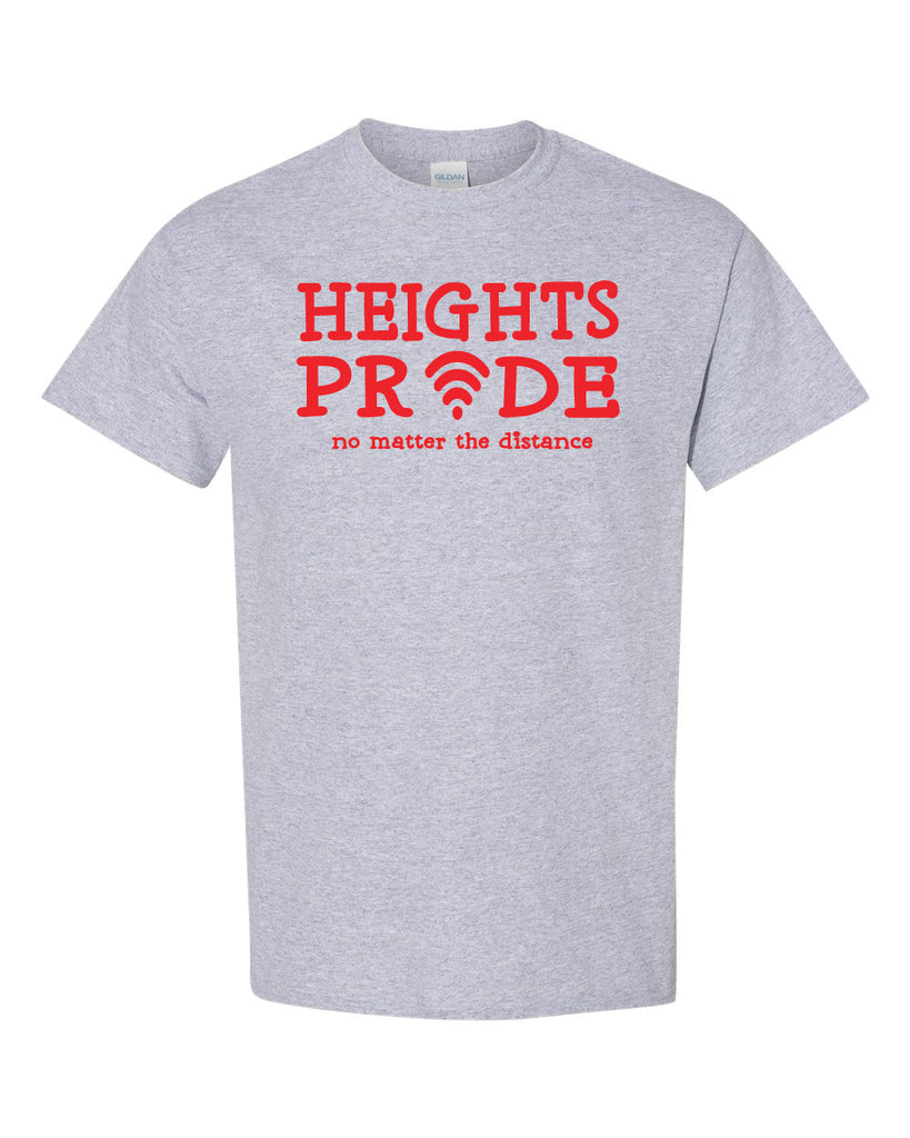 Heights Sport Gray Short Sleeve Tee w/ Heights Pride Design in Red on Front.