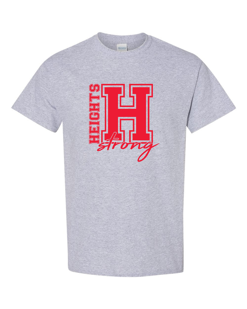 Heights Sport Gray Short Sleeve Tee w/ Heights Strong Design in Red on Front.