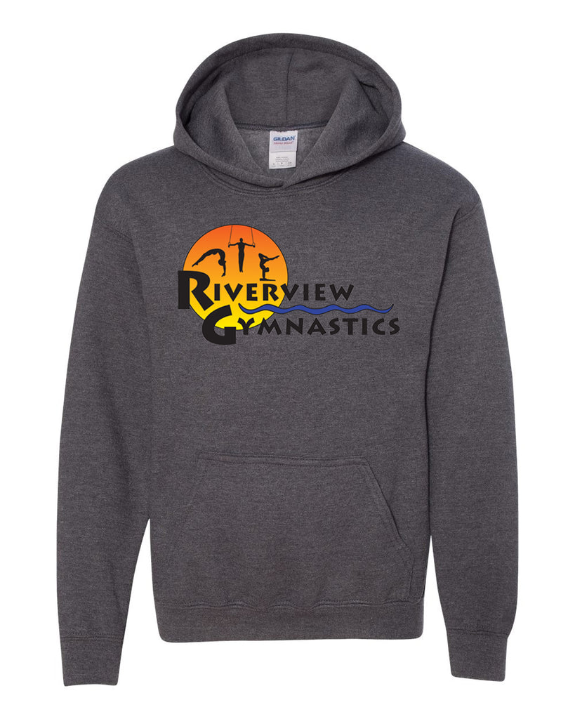 Riverview Gymnastics Dark Heather Hoodie w/ Full Color Sun Design on Front.