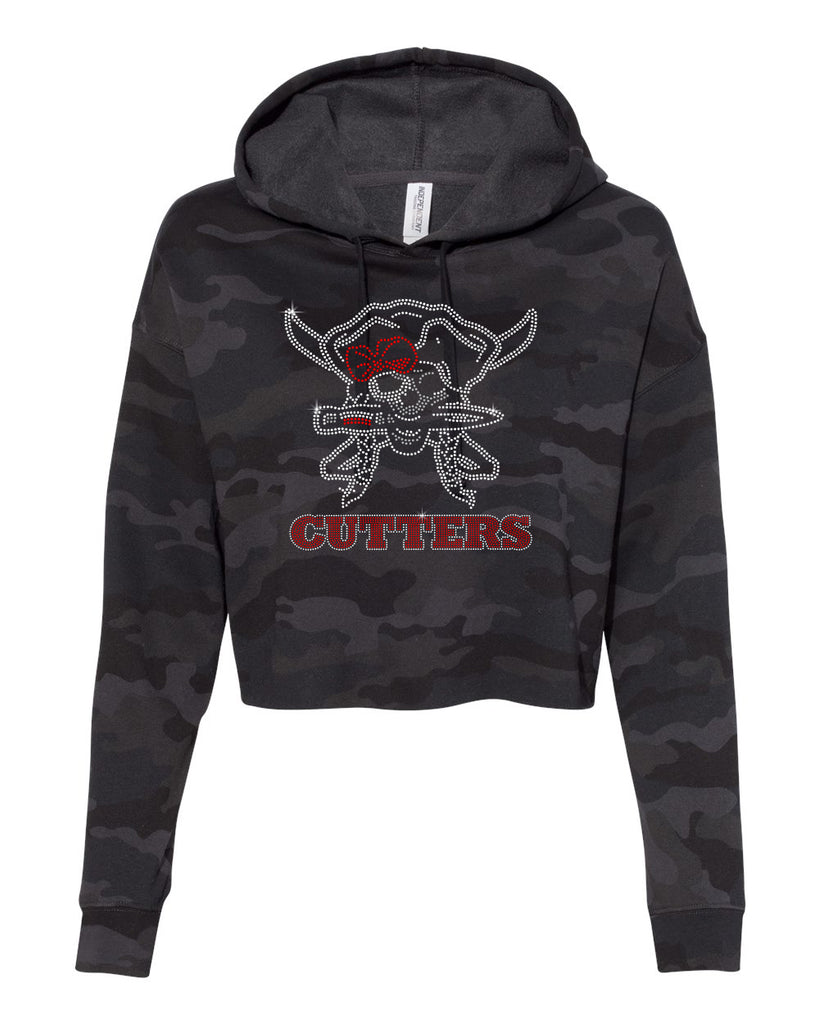 FLFA Black Camo Women’s Lightweight Cropped Hooded Sweatshirt - AFX64CRP w/ FLFA Cutters CHEER Logo in SPANGLE on Front