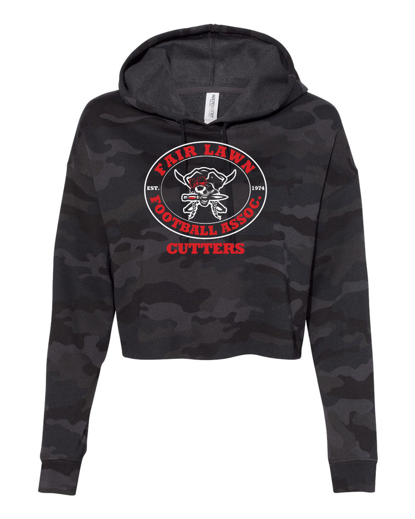 FLFA Black Camo Women’s Lightweight Cropped Hooded Sweatshirt - AFX64CRP w/ FLFA Cutters CHEER Logo on Front