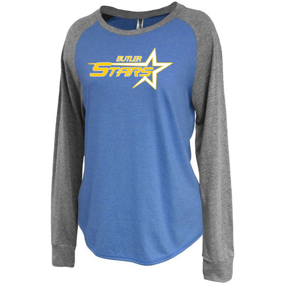 Butler Stars Gray/Blue Jersey Raglan Crewneck Shirt w/ Butler Stars Design on Front.