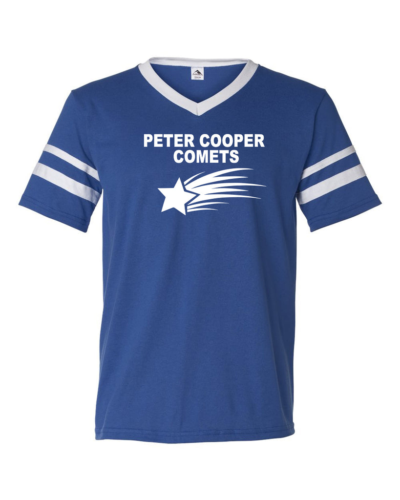 Peter Cooper Royal AS - V-Neck Jersey with Striped Sleeves - 360 - w/ Logo Design 1 on Front.