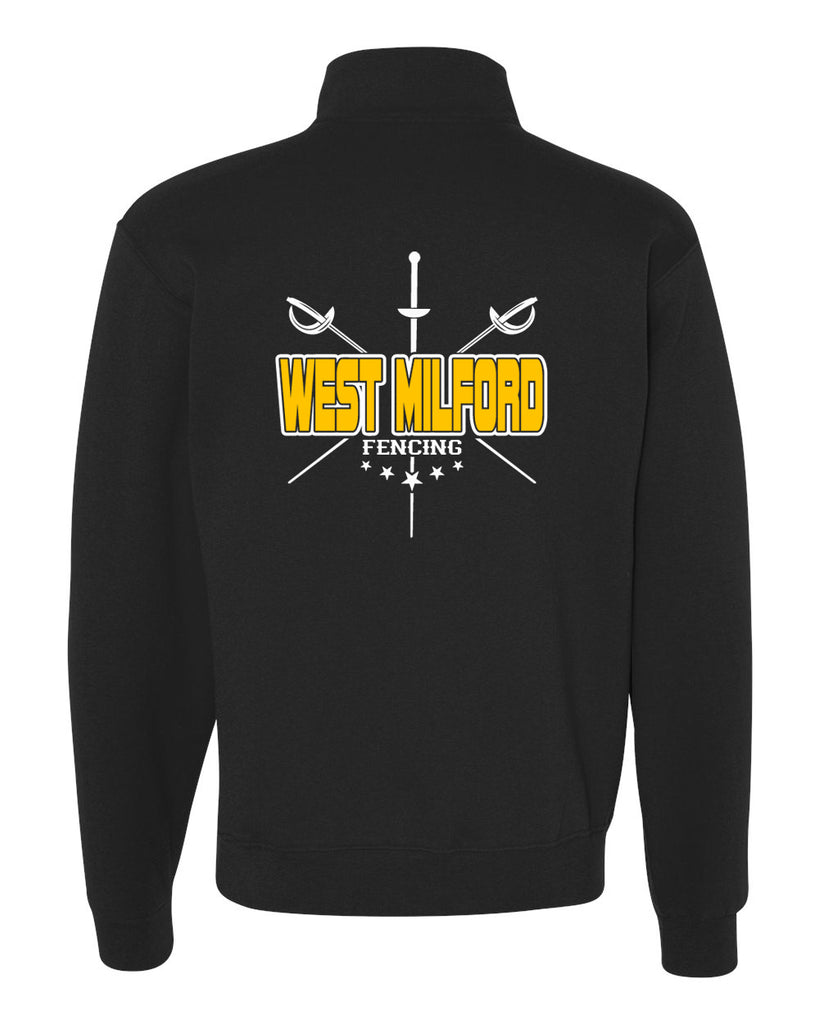 West Milford Fencing Black Nublend® Cadet Collar Quarter-Zip Sweatshirt - 995MR w/ WM Crossed Swords Design on Back.