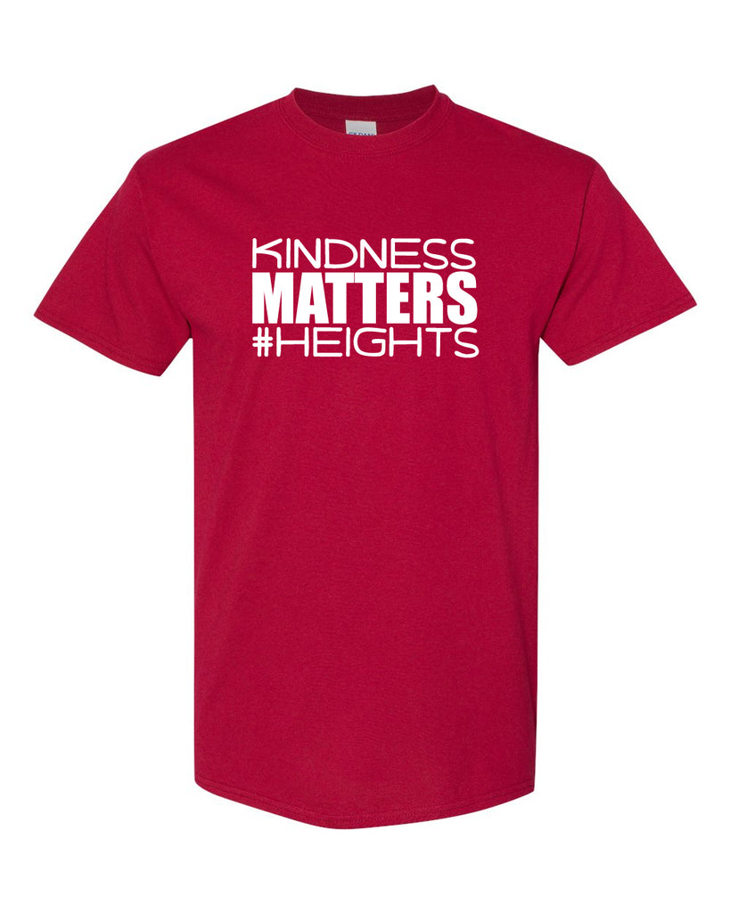 Heights Red Short Sleeve Tee w/ Kindness Matters Design in White on Front.