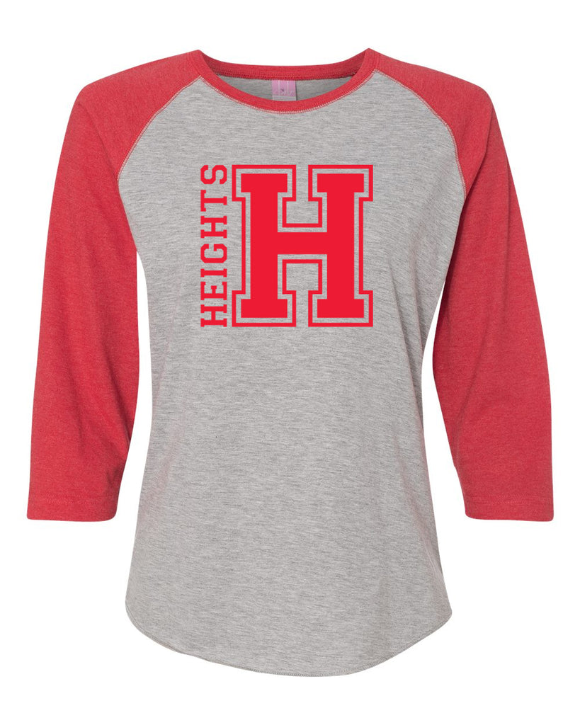 Heights LAT - Women's Baseball Fine Jersey Three-Quarter Sleeve Tee - 3530 Tee w/ Heights OG Design in Red on Front.
