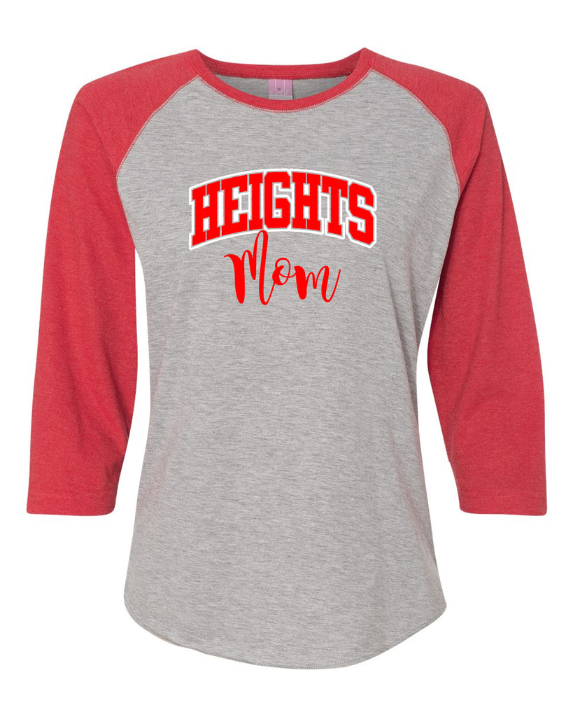 Heights LAT - Women's Baseball Fine Jersey Three-Quarter Sleeve Tee - 3530 Tee w/ Heights Mom in Red on Front.