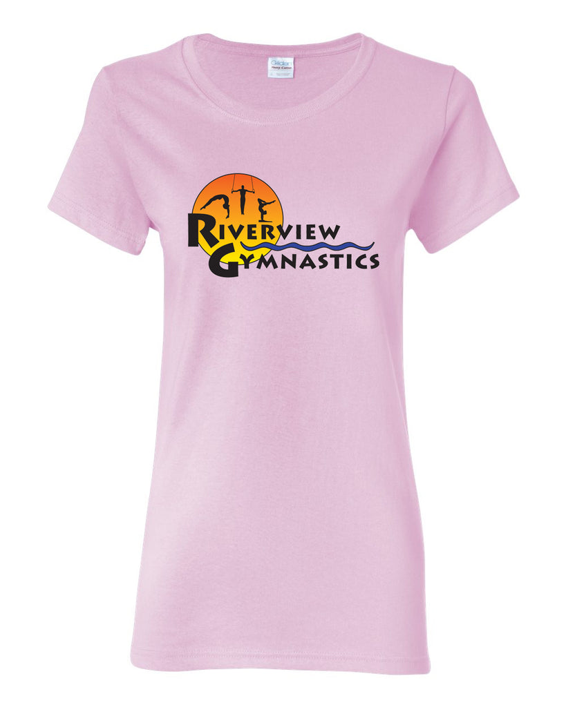 riverview gymnastics white short sleeve t-shirt w/ full color sun design on front.
