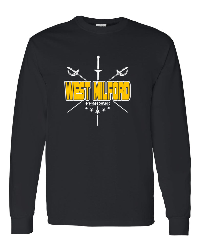 West Milford Fencing Black Long Sleeve Tee w/ WM Crossed Swords Design on Front.