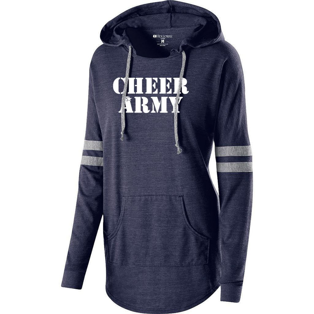 Cheer Army Navy AS Ladies Hooded Lowkey Pullover w/ Cheer Army Stencil Logo on Front.