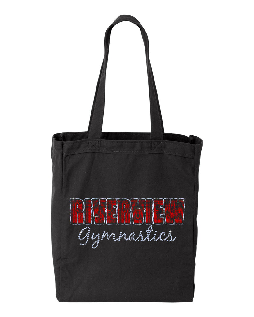 RIVERVIEW GYMNASTICS Black 10 Ounce Gusseted Cotton Canvas Tote w/ SPANGLE 2 Color Logo on Front.