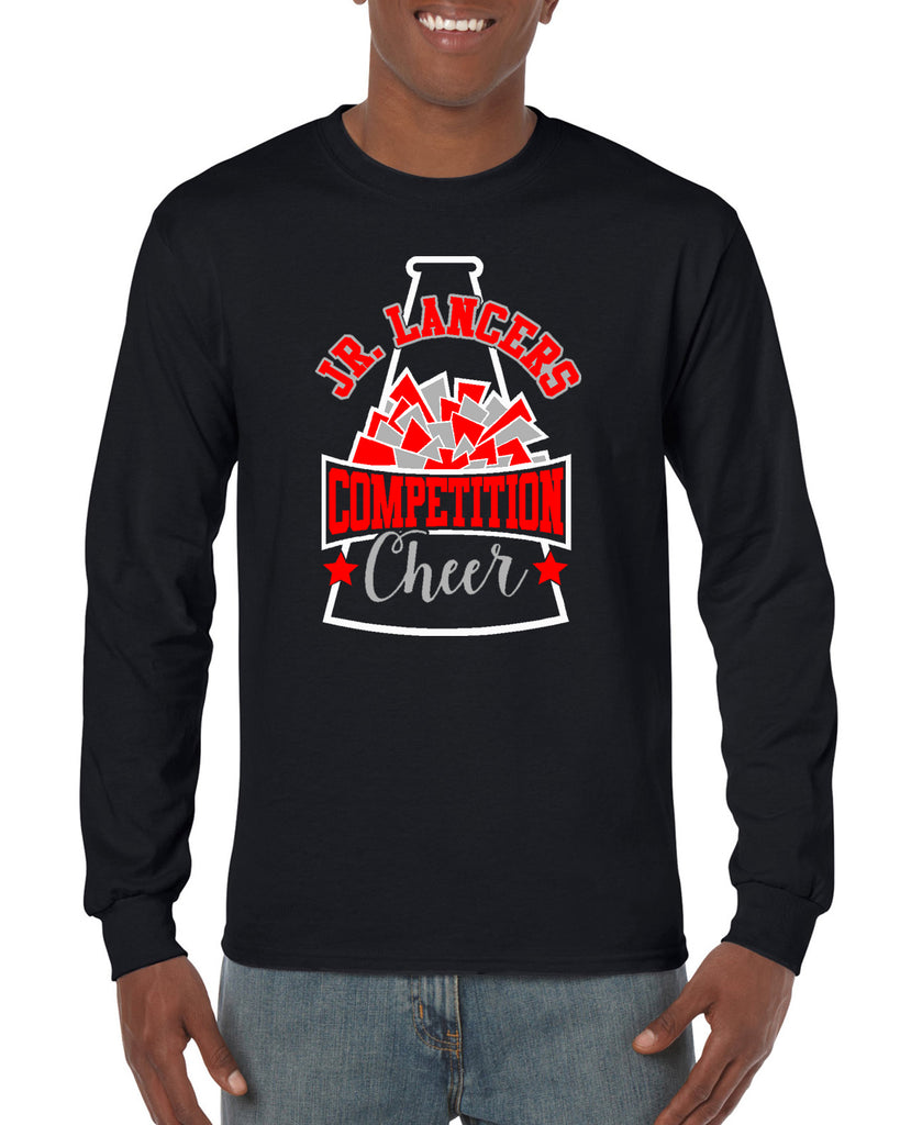 jr lancers competition cheer heavy cotton black shirt w/ megaphone 3 color design on front.